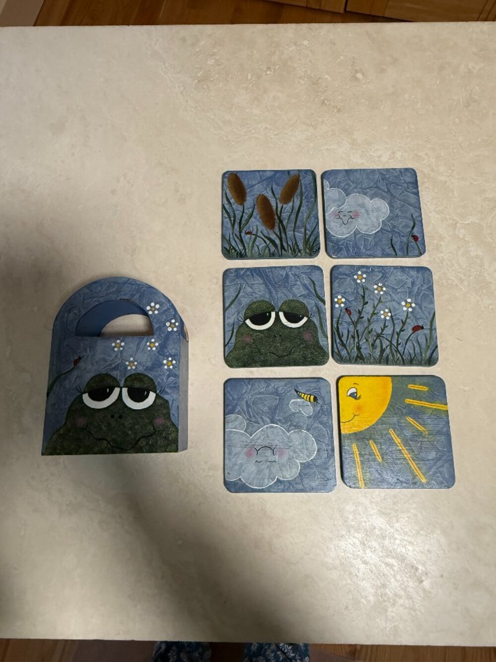3/$20, 6-Piece Coaster Set with Matching Holder,Cute Hand-Painted Wooden Coaster